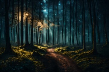 magical lights sparkling in mysterious forest at night , Generative ai