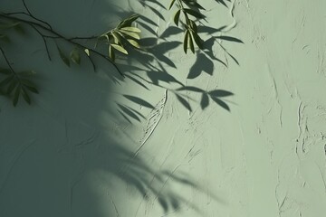 Abstract tree leaves shadows on gray green concrete wall texture with roughness and irregularities. Abstract trendy nature concept background. generative ai.