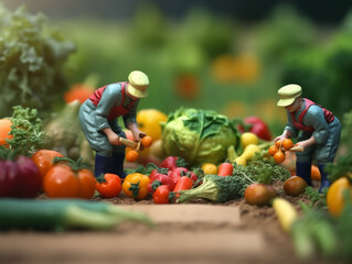 Two miniature workers working on vegetables. Work in an environment full of fresh vegetables.