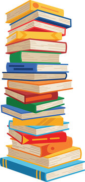 High book stacks or pile. Library textbooks and school literature heaps, dictionaries. Bookstore advertise. Cartoon stacked books angle view with different colorful covers isolated on white