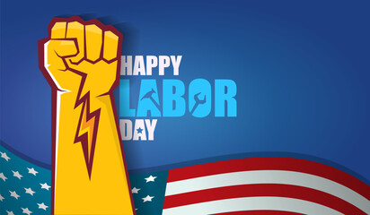 labor day Usa vector label or horizontal background. vector happy labor day poster or horizontal banner with clenched fist isolated on usa flag background . Labor union icon