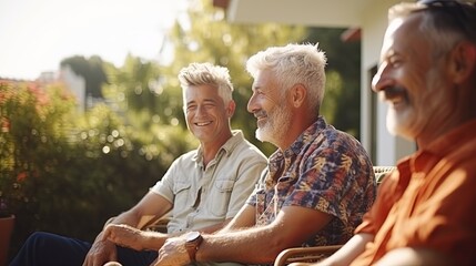 old friend group of lgbtq homosexual old senior retired friend conversation happiness cheerful relation sit in garden park sunset at home cosy and relax atmosphere,ai generate