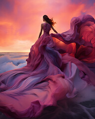 silhouette of woman wearing a long pink dress with wind walking on pink clouds during sunset