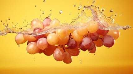  a bunch of grapes being splashed with water on a yellow background.  generative ai