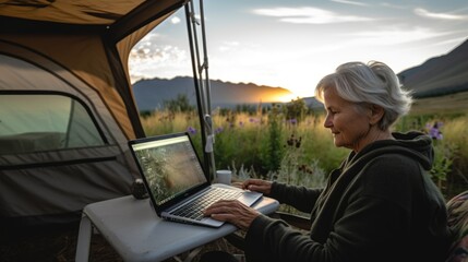 businesswoman's outdoor business office while she travel on her holiday.