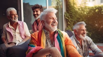 old friend group of lgbtq homosexual old senior retired friend conversation happiness cheerful relation sit in garden park sunset at home cosy and relax atmosphere,ai generate
