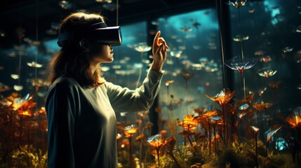 Fototapeta premium Metaverse digital cyber world technology, man with virtual reality VR goggle playing AR augmented reality game and entertainment, NFT game futuristic lifestyle