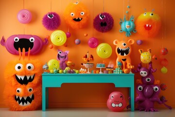 Obraz premium Colorful Monster toys. halloween Themed Party Decoration on orange wall background, generative ai