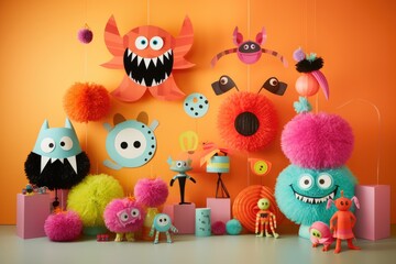 Naklejka premium Colorful Monster toys. halloween Themed Party Decoration on orange wall background, generative ai