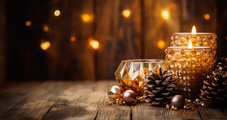 Festive holiday scene with candles and decorations. Two lit candles in glass holders with gold beads. Pine cones and baubles on a wooden table. Wooden wall with fairy lights in the background.  - Powered by Adobe