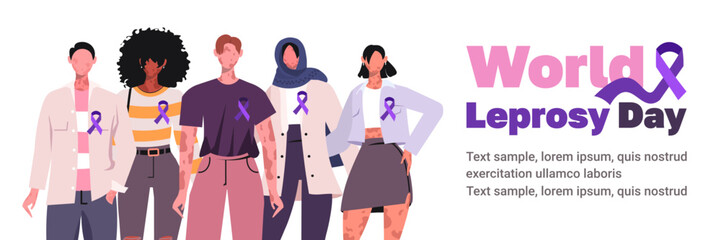 World Leprosy Day. Different people standing side by side with a purple ribbon, a symbol of solidarity with those affected by the disease. Flat vector illustration for web banner, social media, poster