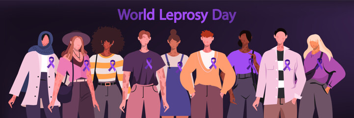 World Leprosy Day, celebrated on January 29, is a concept of health and awareness of the disease. Group of people standing with purple ribbons on a dark purple background. - Powered by Adobe