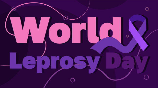 World Leprosy Day 30 January. Purple text. Purple ribbon. Modern template for awareness poster, flyer, social media and website. Flat vector illustration isolated on dark purple background.