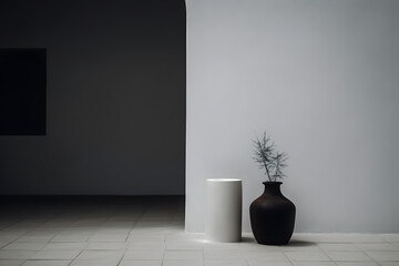 Black vase with flower, house ornaments, white background