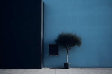 Tree outside a building, light blue background