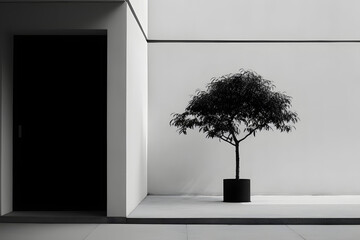 Tree outside a house, black and white