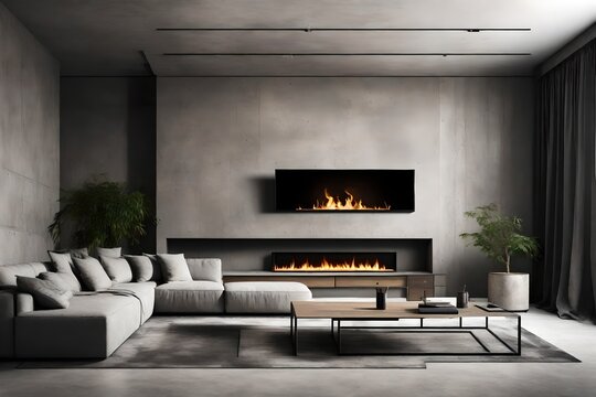 Minimalist style interior design of modern living room with fireplace and concrete walls , Generative ai