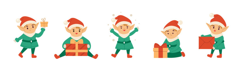Merry Christmas concept illustration. Collections of Christmas elf character holding and packing holiday gifts. Santa Claus helper. Vector illustrations set. - obrazy, fototapety, plakaty