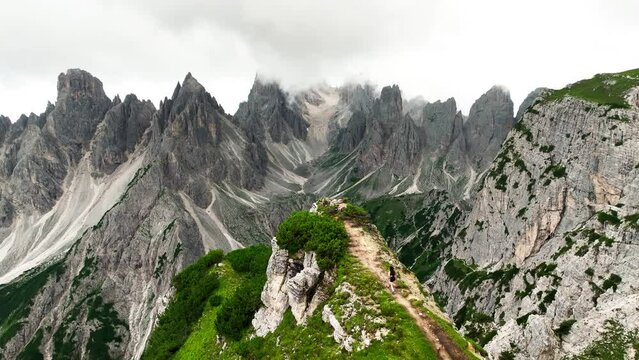 Aerial view Cadini di Misurina mountain group in Dolomites, Italy, part of Tre Cime di Levaredo national park and UNESCO world heritage site.