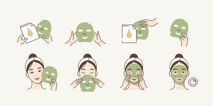 Skincare illustrations set. Collection of girl take care of her face and apply facial sheet mask. Woman making skincare procedures. Skin care routine, hygiene and moisturizing. Vector illustration