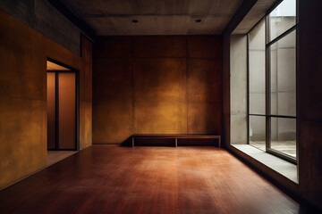 empty room with a big window and a bench