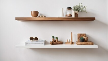 Wood floating shelf on white wall. Storage organization for the home