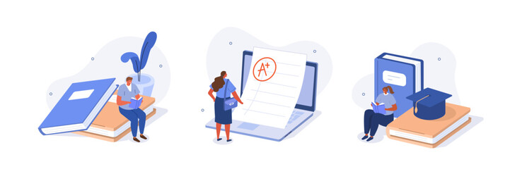 Education concept illustrations set. Students preparing to exam, studying with book and successfully solving test. Vector illustration.
