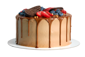 Chocolate birthday cake with berries and cookies cut out on transparent background