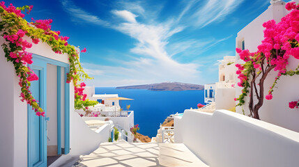 Embrace the allure of Mediterranean architecture with this enchanting image. A cluster of whitewashed houses adorned with colorful flowers overlooks a tranquil bay. The gentle sea breeze and the sound - obrazy, fototapety, plakaty