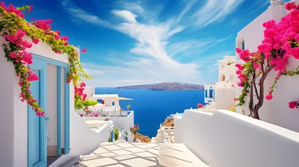 Fotobehang Embrace the allure of Mediterranean architecture with this enchanting image. A cluster of whitewashed houses adorned with colorful flowers overlooks a tranquil bay. The gentle sea breeze and the sound © CanvasPixelDreams