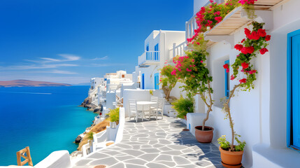 Fototapeta na wymiar Embrace the allure of Mediterranean architecture with this enchanting image. A cluster of whitewashed houses adorned with colorful flowers overlooks a tranquil bay. The gentle sea breeze and the sound