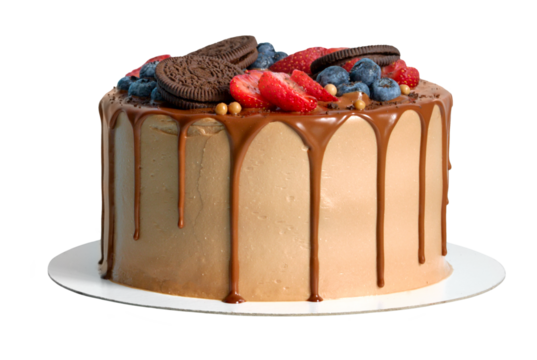 Chocolate birthday cake with berries and cookies cut out on transparent background