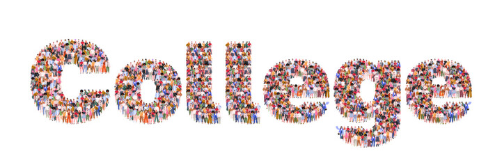 Large group of people forming word College. College and university concept. People standing together. A crowd of male and female characters. Flat vector illustration isolated on white background.