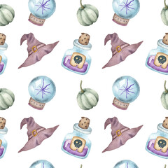 Seamless watercolor Halloween pattern. Witchy pattern. Seamless pattern with witch hat, poison, magic sphere and pumpkin.