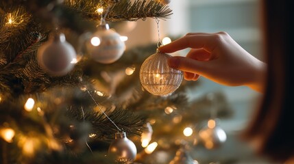 A hand putting ornaments on the Christmas tree
