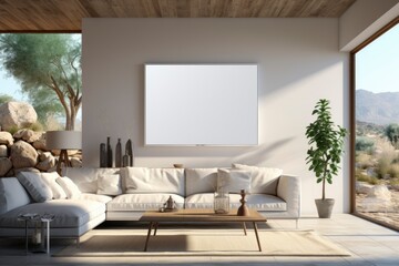 Design interior of living room at modern apartment with white mock up photo frame, wooden shelf, stylish chair, vase with flower, sculpture and elegant accessories. Stylish home decor, Template