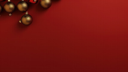 Christmas composition. Christmas red decorations, toys on red background. Flat lay, top view, copy space