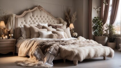 Comfortable bedroom with large bed with blankets and fur