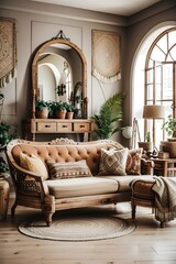 Rustic furniture, sofa and lounge chairs in classic room. Boho interior design of modern living room