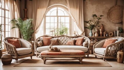 Rustic furniture, sofa and lounge chairs in classic room. Boho interior design of modern living room