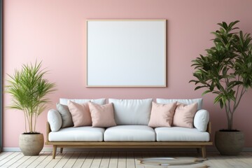 Design composition of living room interior with a painting, modern white sofa, stylish coffee table, pillows, plants and elegant accessories. Modern home decor