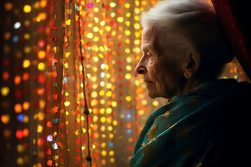 grandma old woman thinking near colorful curtains and light effects
