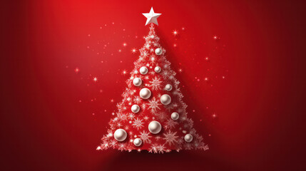 Christmas red background with Christmas tree. Flat lay, top view, copy space