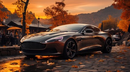 Plakat Front view of a sports car moving along aspalted road in sunlights, widescreen. Luxury and success concept