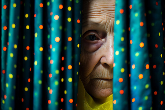 Portrait Grandma Old Woman Looking Afraid At The Camera From Behind Colorful Curtains And Light Effects