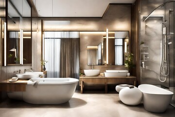 Fototapeta na wymiar Modern hotel bathroom interior with double sink and bathtub, accessories , Generative ai