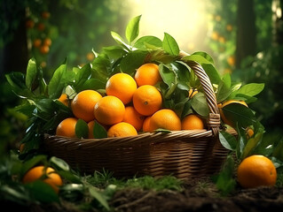 A basket filled with orange in the forest with ambient lighting. - obrazy, fototapety, plakaty