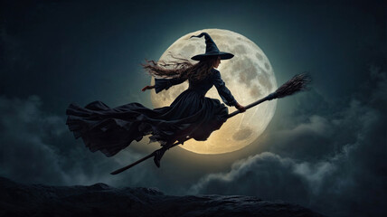 witch on the broom - obrazy, fototapety, plakaty