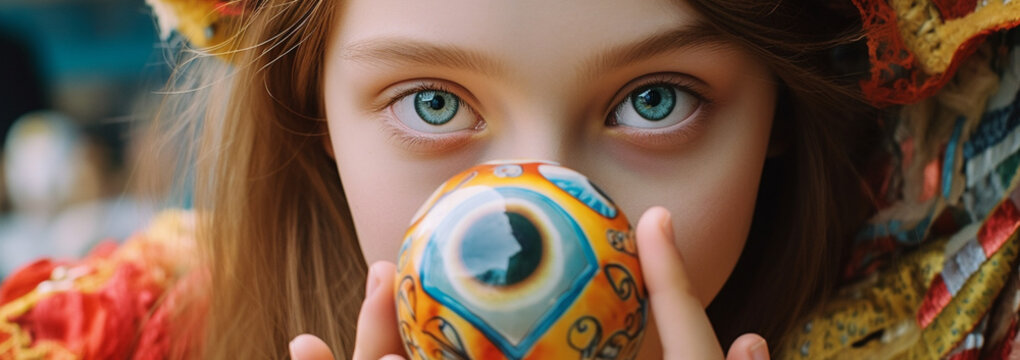 Captivating Girl Concealing a Colorful Painted Rock in Front of Her Face - AI generated