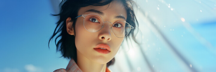 Close-up beauty portrait of a young asian woman wearing glasses on a blue background - 635911901